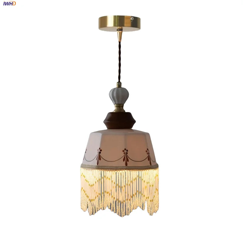 Afralia™ Brown Wood Ceramic Tassel LED Pendant Lights for Modern Interior Lighting