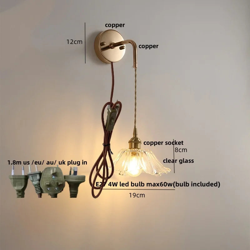 Afralia™ Adjustable LED Wall Light Clear Glass Copper Bedside Lamp