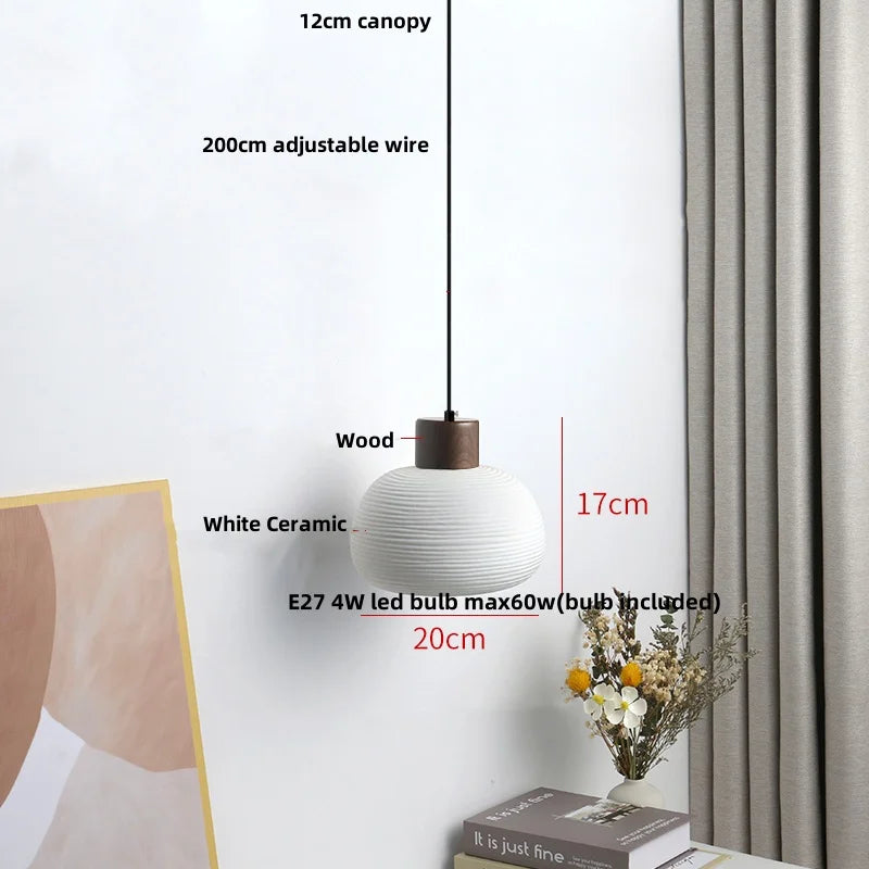 Afralia™ Nordic LED Pendant Light Wood White Ceramic Hanging Lamp