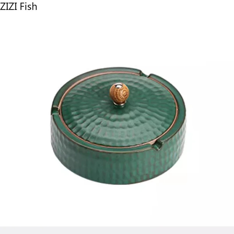 Afralia™ Green Ceramic Ashtray with Lid - Windproof Hammer Pattern - Smoking Accessories