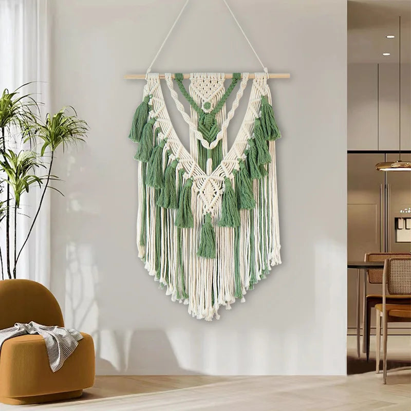 Afralia™ Green Macrame Tassel Stick Wall Hanging for Home Decoration