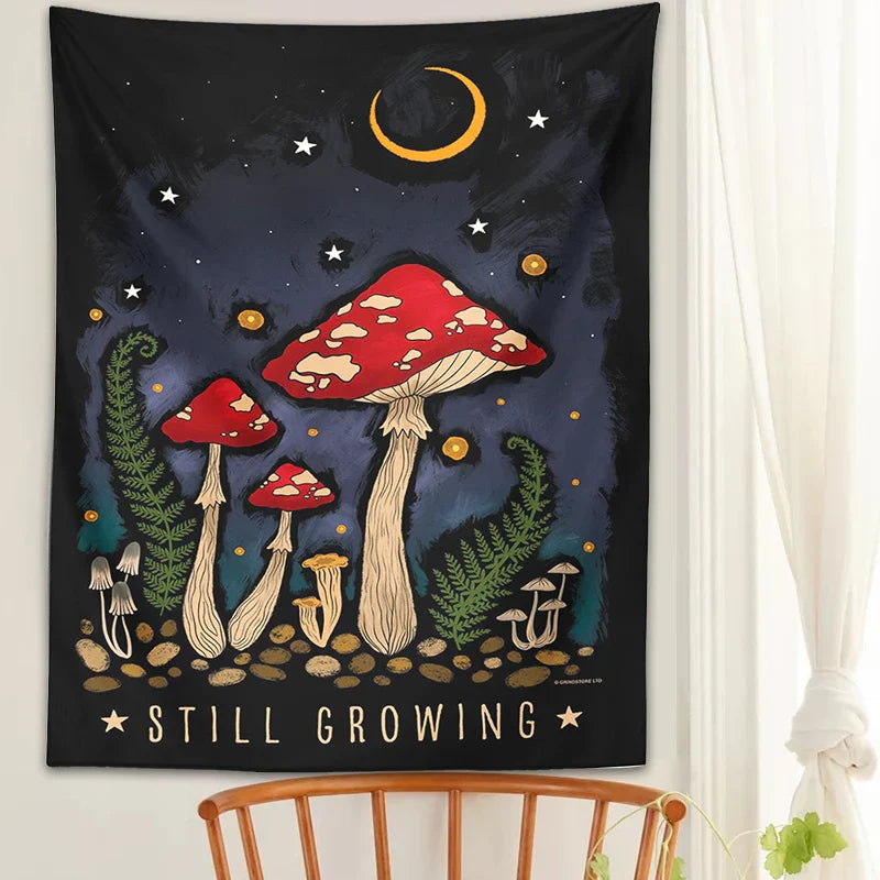 Mushroom Moon Moth Tapestry Wall Hanging by Afralia™ - Aesthetic Retro Psychedelic Decor