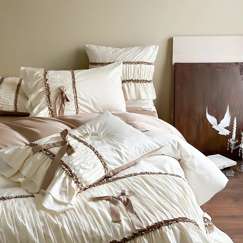 Afralia™ Romantic Bow Pleat Lace Ruffles Bedding Set Silky Duvet Cover Sheet Pillowcase