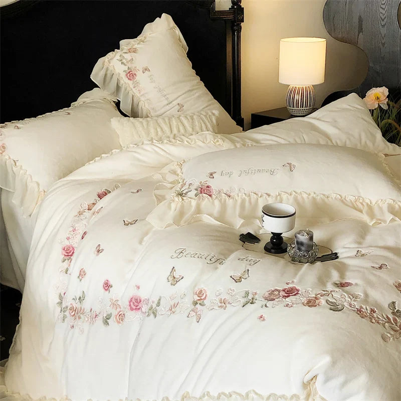 Afralia™ Rose Butterfly Embroidery Velvet Bedding Set with Lace Details
