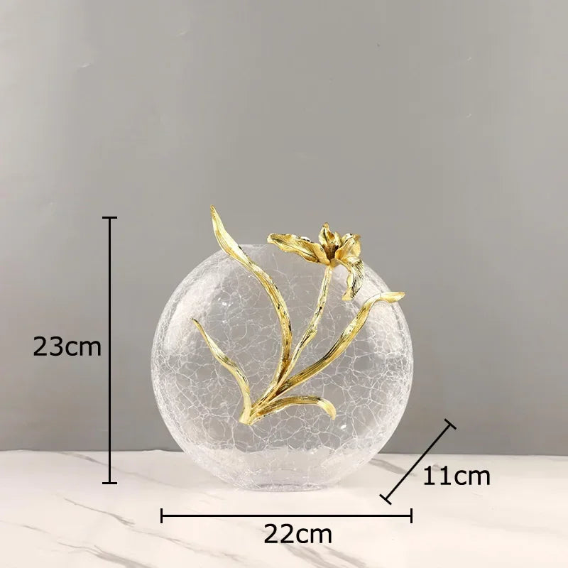 Afralia™ Golden Flower Glass Vase Desk Decoration, Aesthetic Floral Vases, Room Decor