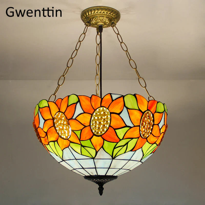 Afralia™ Tiffany Stained Glass Pendant Light Chandelier LED Fixture for Home Deco