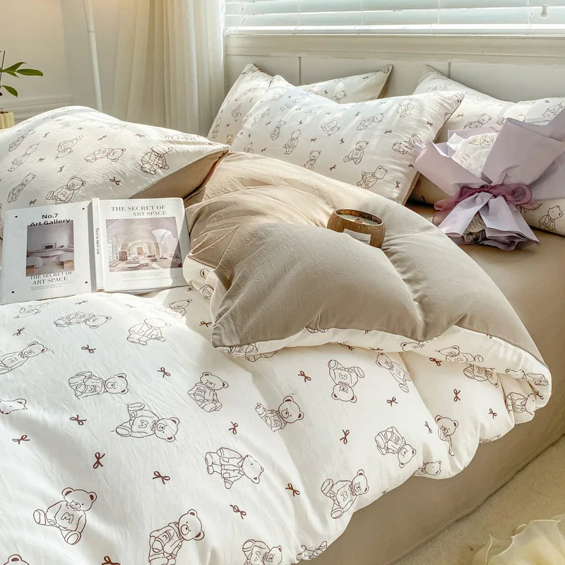 Afralia™ Cartoon Heart Floral Print Duvet Set with Bed Sheet & Pillowcases