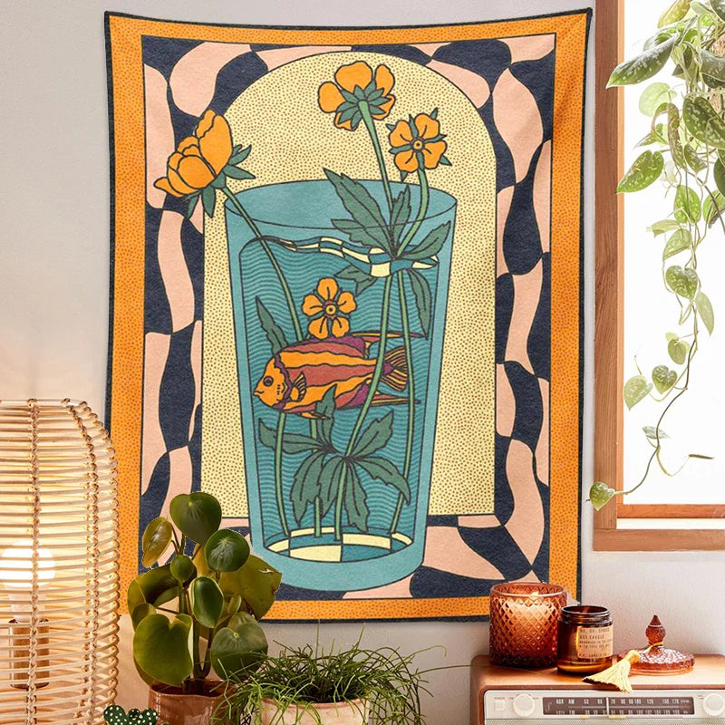 Afralia™ Psychedelic Vase Goldfish Flower Tapestry Wall Hanging Vintage Inspired Decor