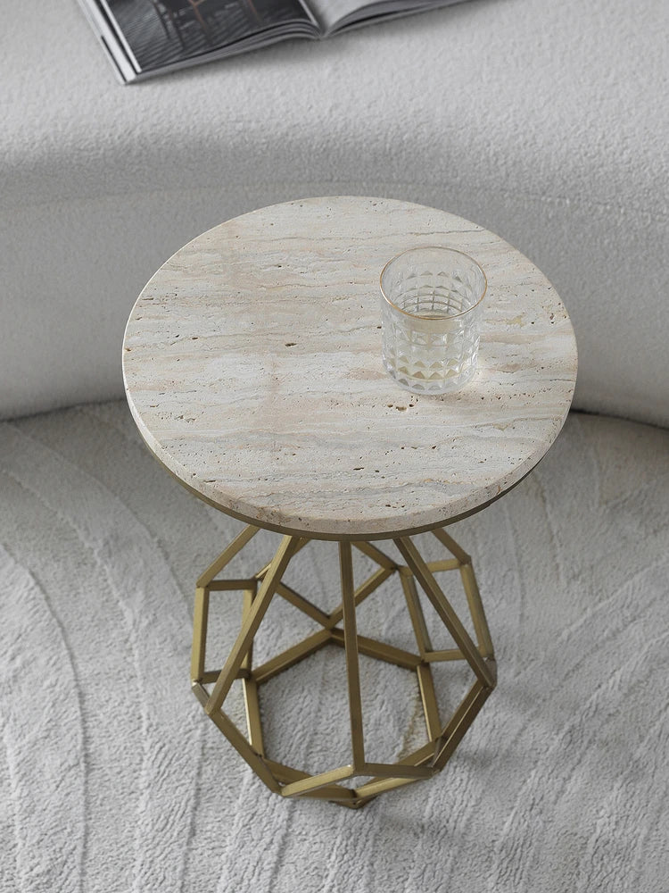 Afralia™ Travertine Side Table with Metal Base, Vintage End Table for Small Spaces