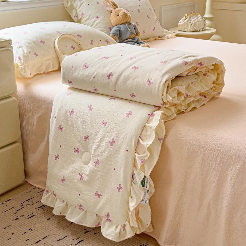 Afralia™ Korean Cotton Patchwork Quilt with Lace and Ruffle for Summer