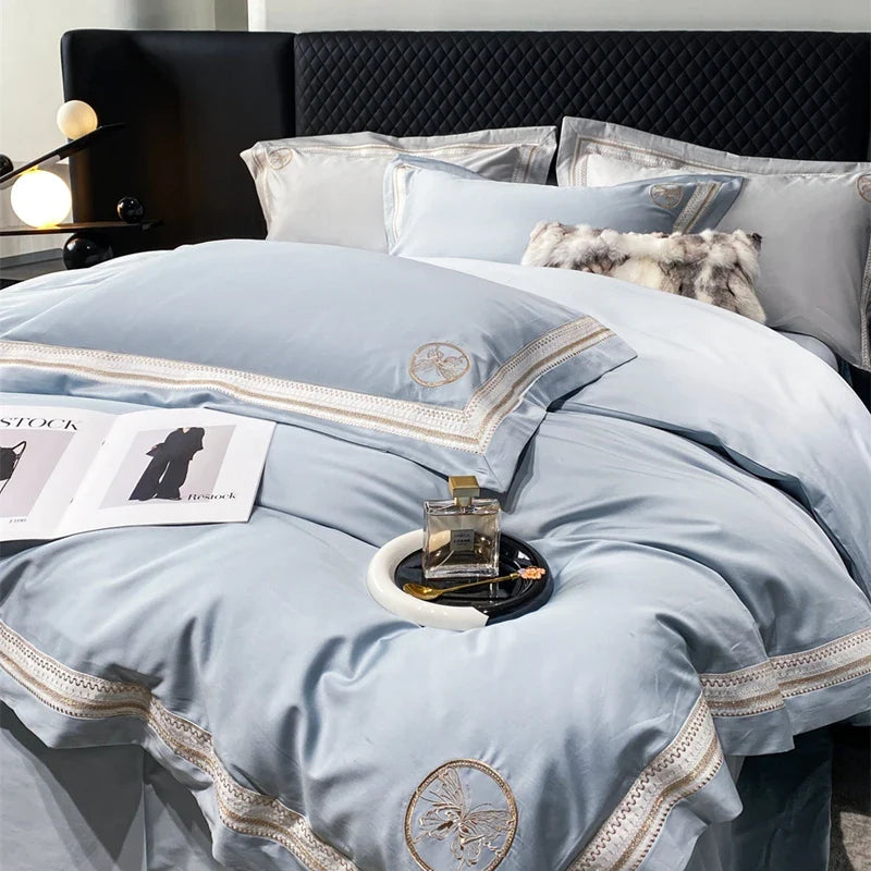 Afralia™ Luxury Butterfly Embroidery Champagne 4Pcs Bedding Set with Duvet Cover, Bed Sheet & Pillowcases