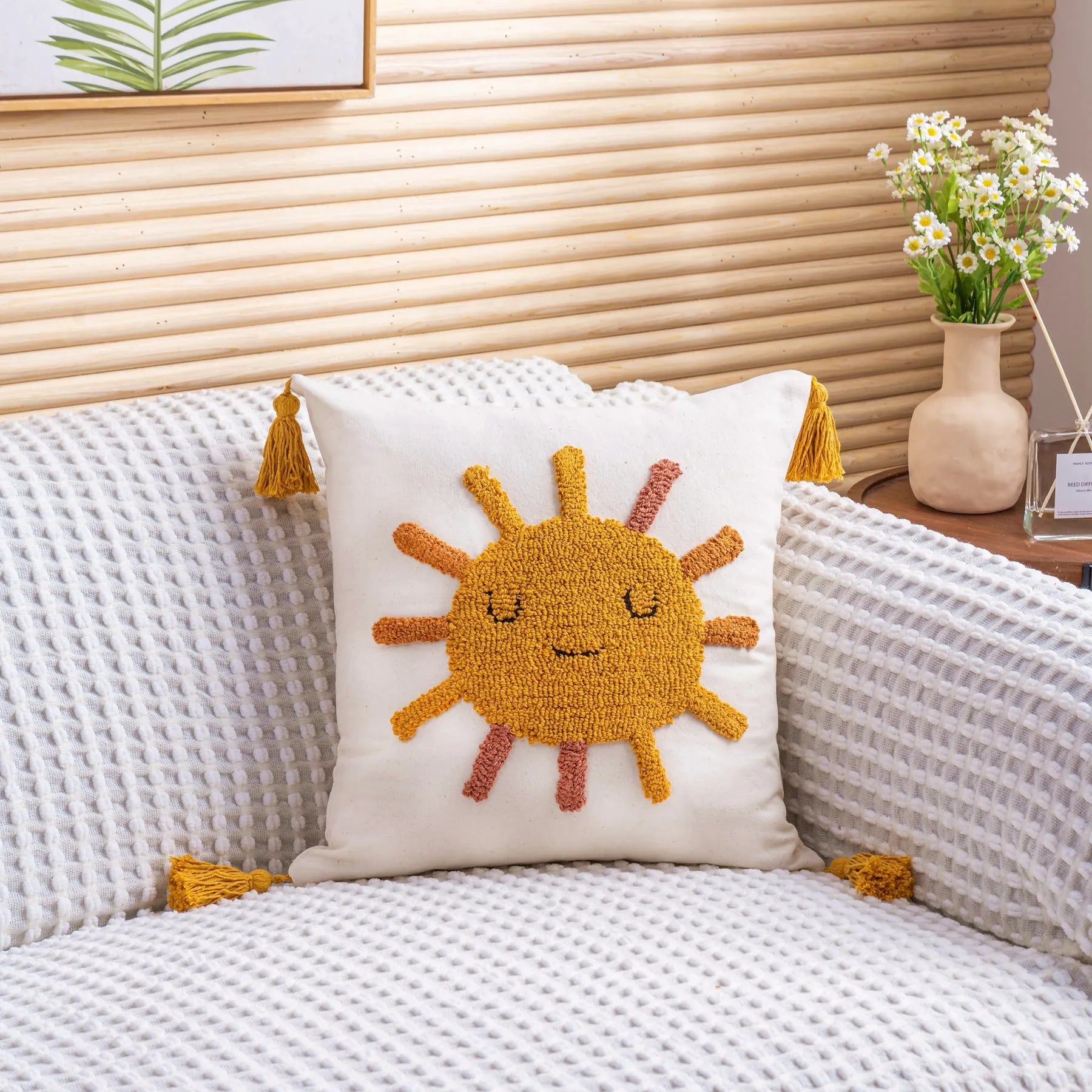 Afralia™ Boho Yellow Rainbow Star Moon Tassel Cushion Cover 45x45cm