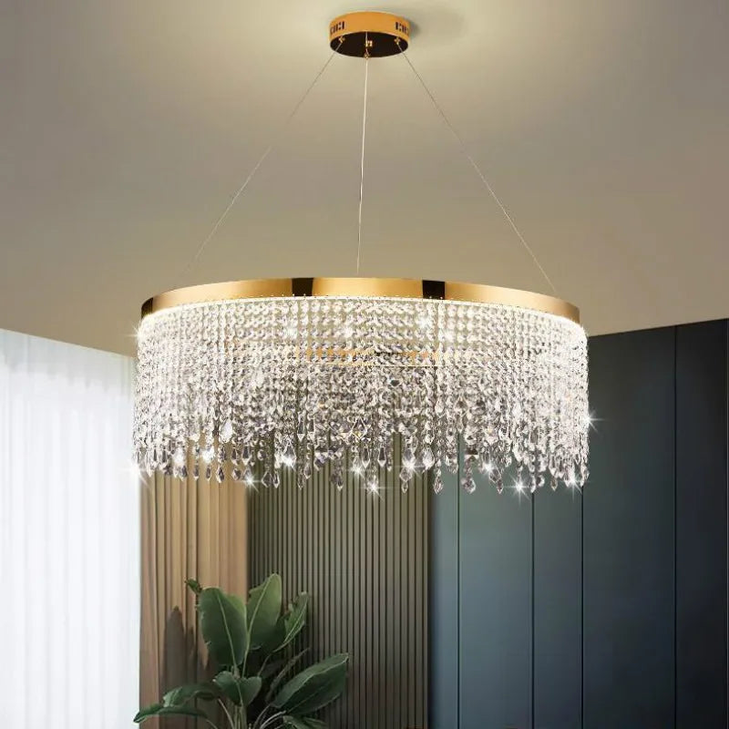 Afralia™ Steel Crystal Pendant Light Dimmable LED Fixture Luxe Round Hanging Lamp