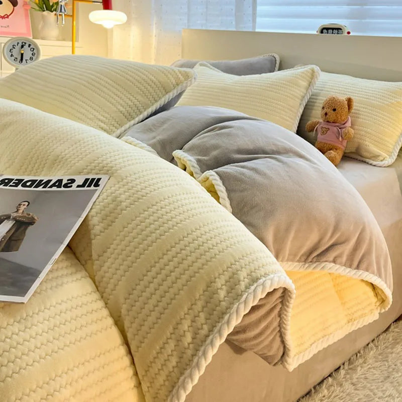 Afralia™ Striped Jacquard Thick Milk Velvet Quilt Cover - Cozy Warm Bedding