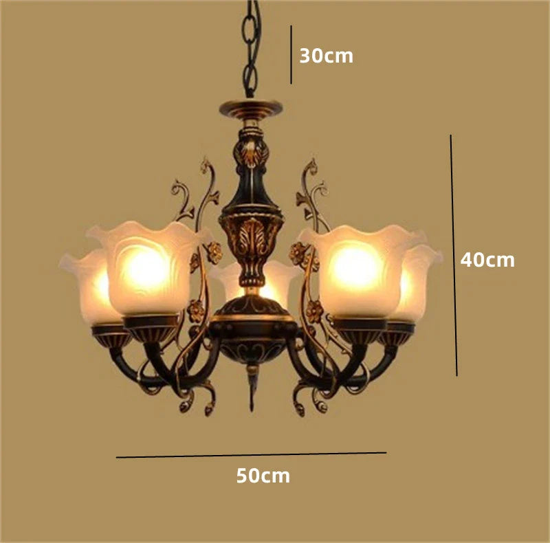 Afralia™ Vintage Wrought Iron Chandelier with Glass Lampshade for Home Decor Lighting