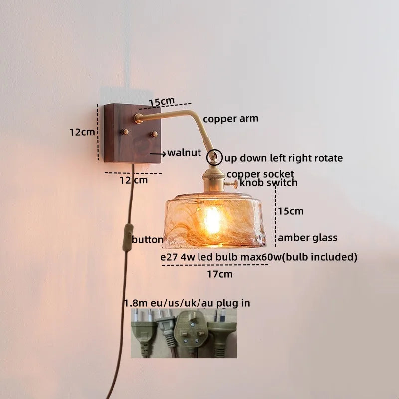 Afralia™ Amber Glass LED Wall Sconce Pull Chain Switch.