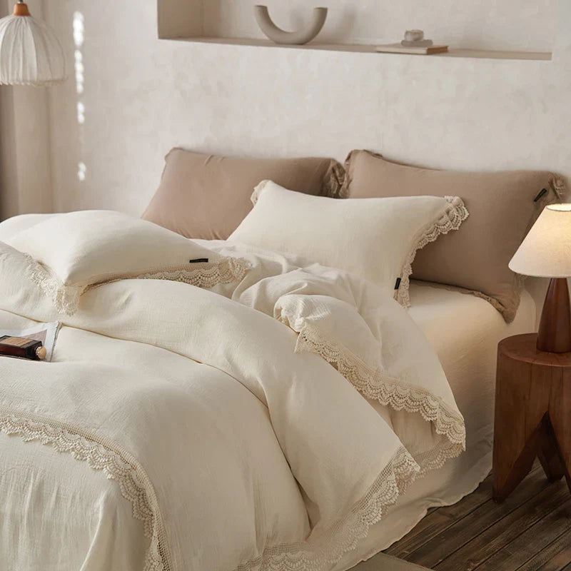 Afralia™ Vintage Lace Edge Cotton Bedding Set: Duvet, Sheets, Pillowcases
