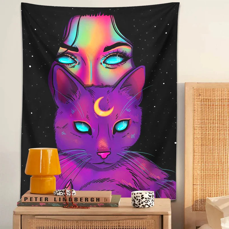 Psychedelic Cat Tapestry Wall Hanging for Bohemian Home Decor by Afralia™