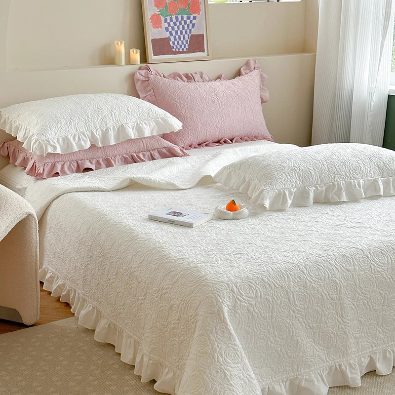 Afralia™ Rose Flower Bed Cover Set: Quilted Washed Cotton with Lace Ruffles, Two-Sided Design