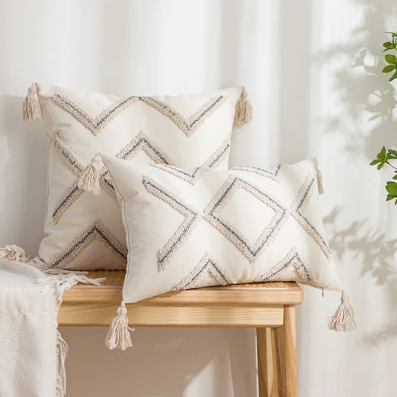 Afralia™ Geometric Embroidery Tassel Cushion Cover - Grey White Simple Loop Tufted Pillow