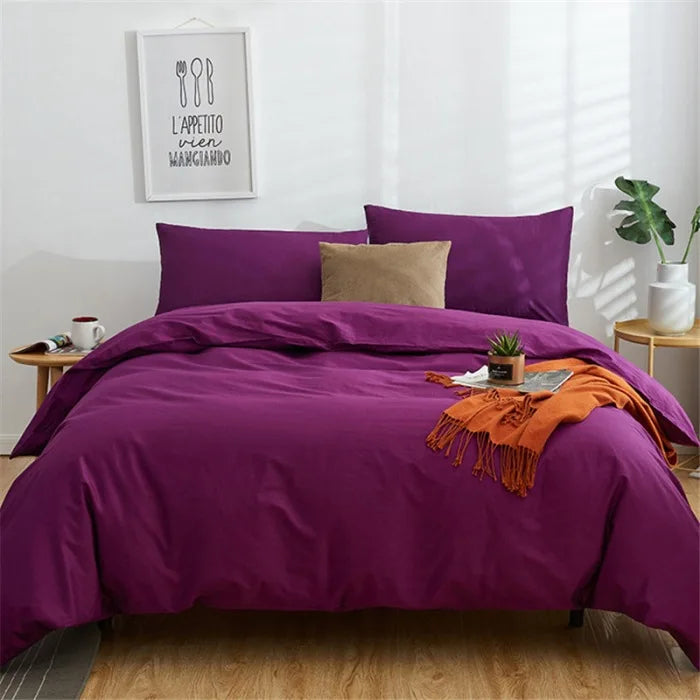 Afralia™ Cotton 4pcs Bedding Set Double Queen Solid Color Duvet Cover Flat Bed Sheet