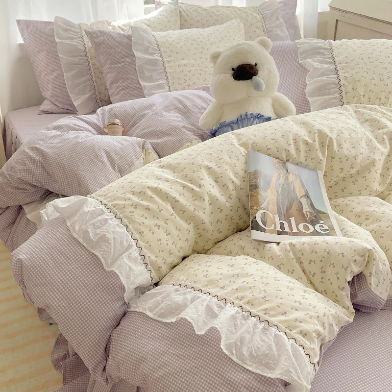 Afralia™ Cotton Small Florals Princess Bedding Set - Queen Size - Duver Cover Bed Sheet Bed Skirt Pillowcases