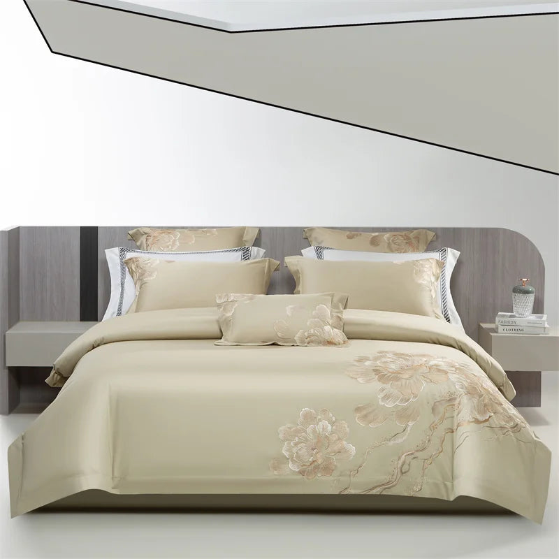 Afralia™ Luxury Flowers Embroidery Egyptian Cotton Bedding Set with 1400TC Quality
