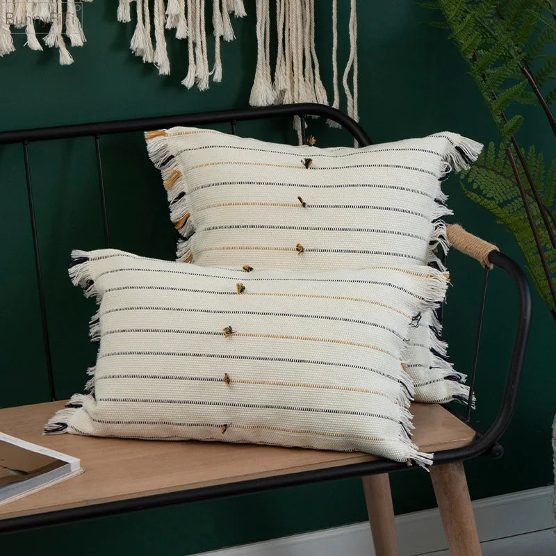 Afralia™ Handmade Cotton Woven Cushion Tassels - Ivory Black Yellow Stripe Home Decor