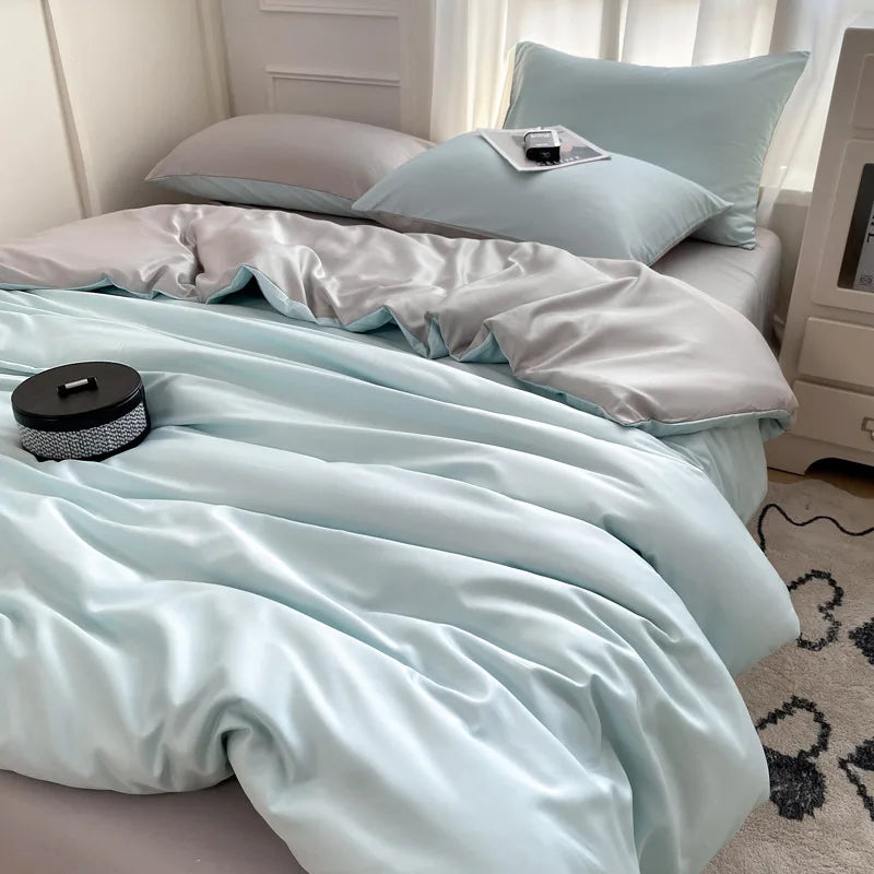 Afralia™ Satin Ice Silk Bedding Set - Double Sided Faux Silk Duvet Cover, Sheet & Pillowcases