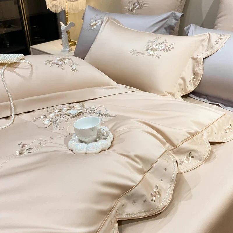 Afralia™ Flowers Embroidery Bedding Set: Duvet Cover, Bed Sheet, Pillowcases, Grey Champagne Luxury