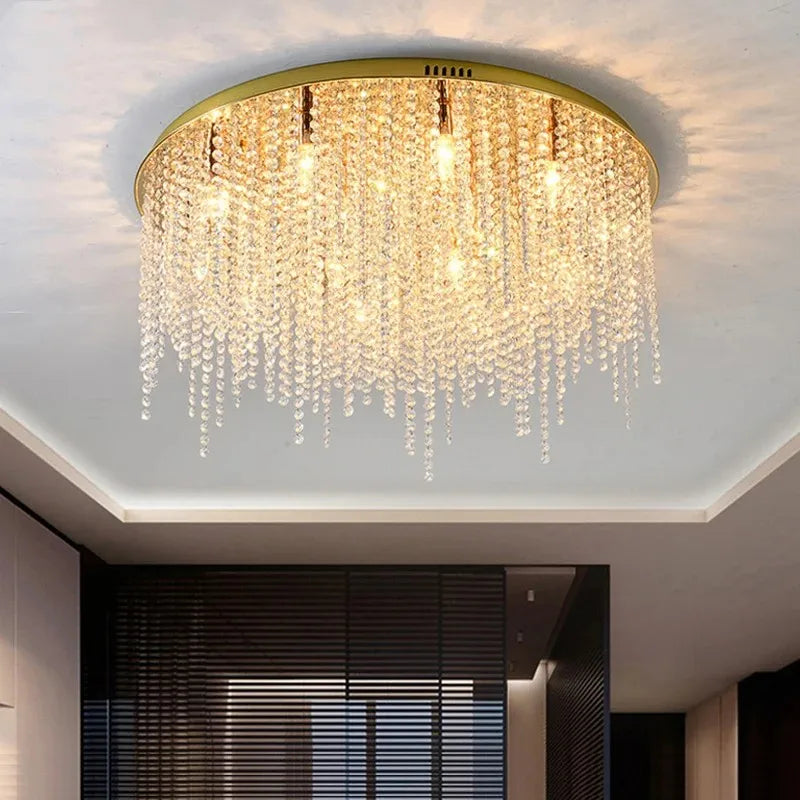Afralia™ Luxe Crystal Beading Chandelier - Dimmable LED Gold Ceiling Light, Bedroom & Living Room Luxury Décor
