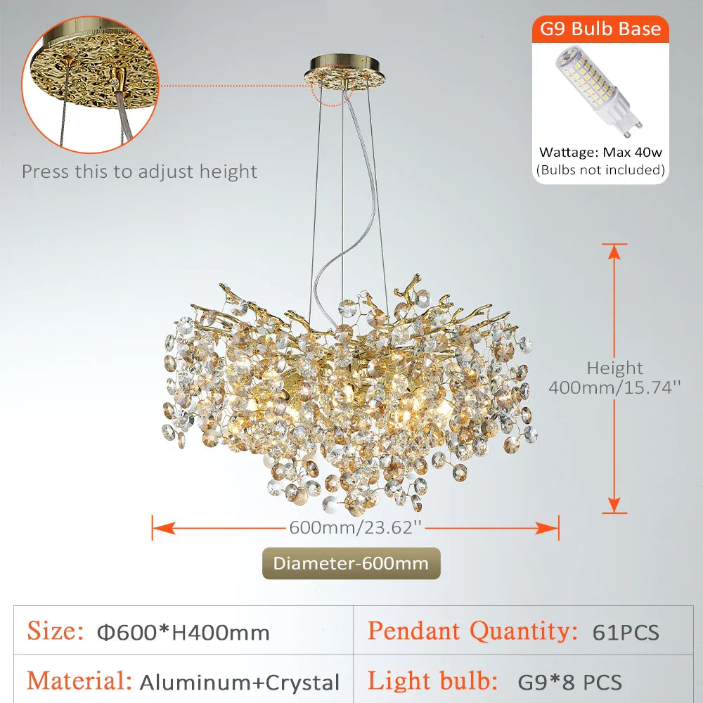 Afralia™ Sun Crystal Gold Lustre Chandelier: Nordic Villa Restaurant LED Ceiling Lamps