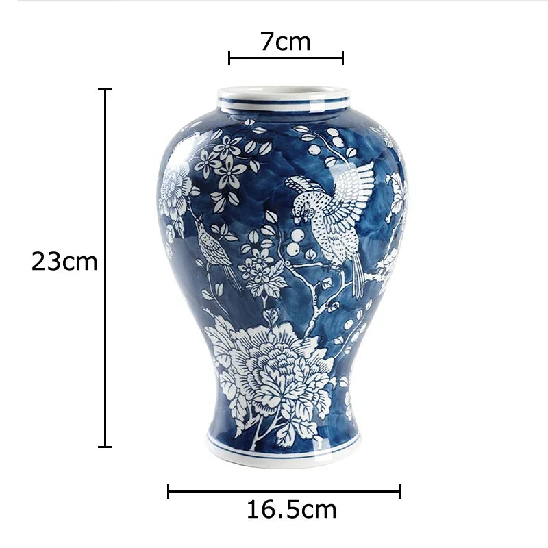 Afralia™ Blue Porcelain Vase: Flowers and Birds Pattern Table Decor Floral Vases Room Aesthetic