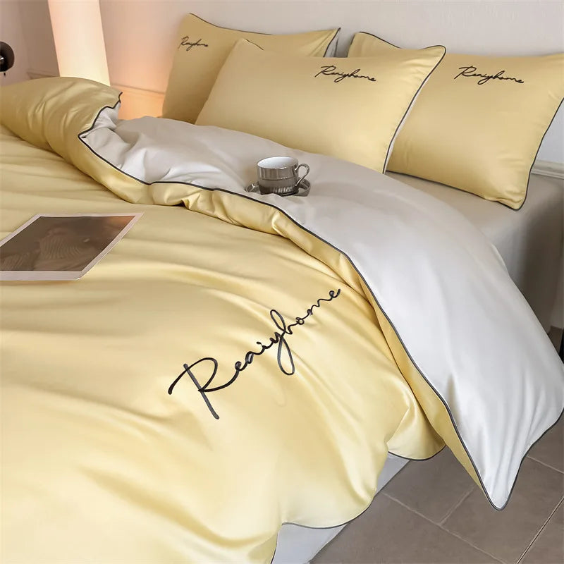 Afralia™ Pure Cotton Luxury Embroidery Bedding Set - Nordic Solid Color Duvet Bedclothes