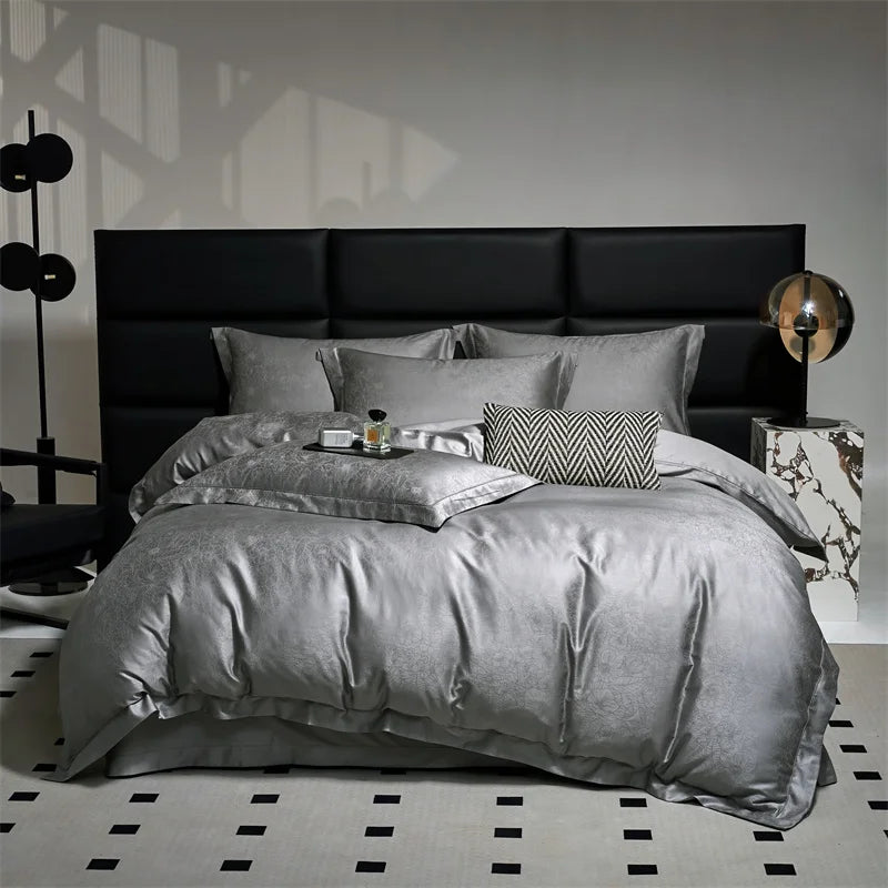 Afralia™ Luxury Grey Jacquard Cotton Bedding Set with Silky Duvet Cover and Pillowcases