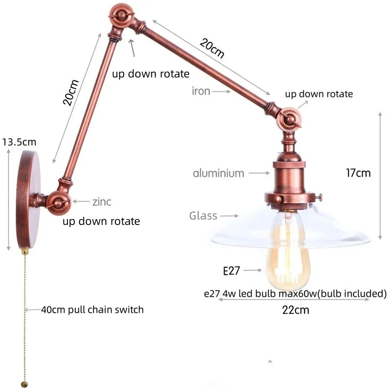 Afralia™ Swing Arm LED Wall Lights Pull Chain Switch Glass Ball Industrial Home Decor