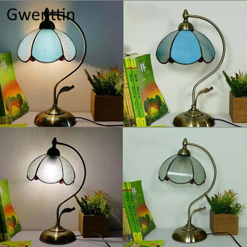 Afralia™ Mediterranean Tiffany Stained Glass Table Lamp LED Living Room Bedroom Vintage Fixtures