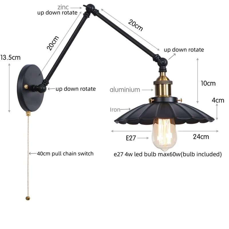 Afralia™ Gold LED Industrial Wall Lamp with Pull Chain Switch