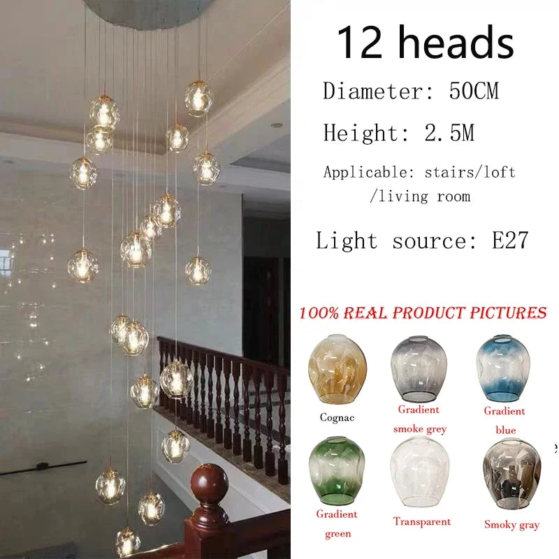Afralia™ Rotating Stairwell LED Chandelier Glass Ball Modern Minimalist Nordic Long Chandelier