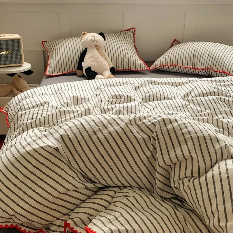 Afralia™ Striped Shell Edge Bedding Set | Cozy Washed Cotton Fitted Sheet Set