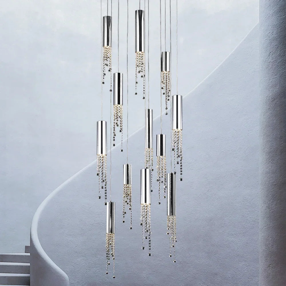 Afralia™ Chrome Crystal LED Ceiling Pendant: Modern Large Staircase & Lobby Lighting