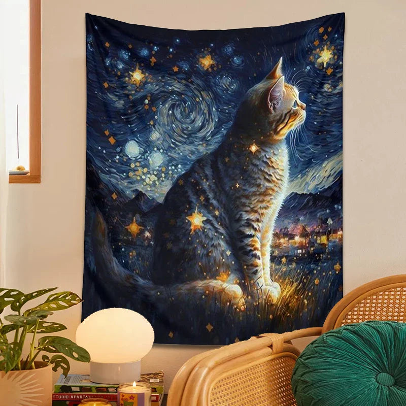 Afralia™ Starry Night Cat Tapestry: Moon Art Oil Painting Wall Hanging for Boho Home Decor