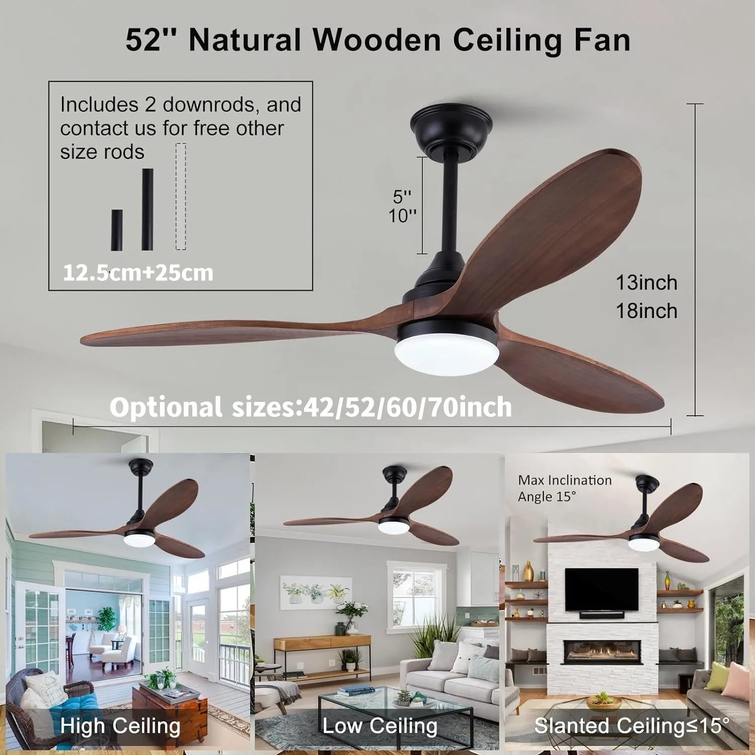 Afralia™ 52 Inch Wood Blade Ceiling Fan with Remote Control and Lights