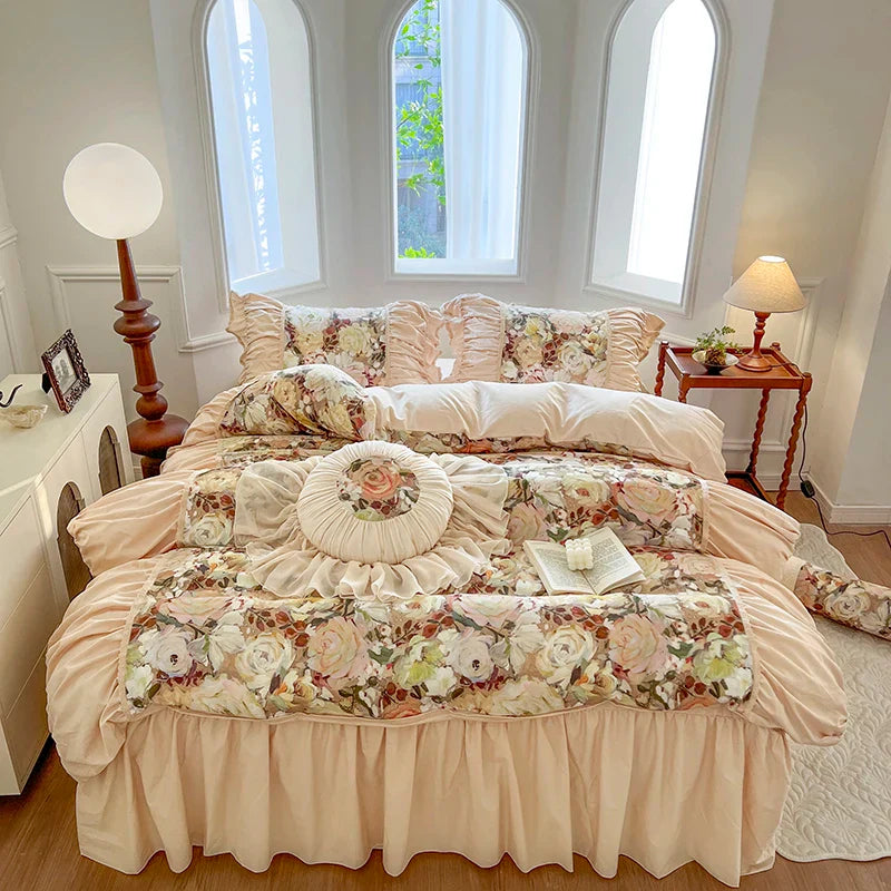 Afralia™ Vintage Floral Print Cotton Bedding Set with Ruffles & Pleats