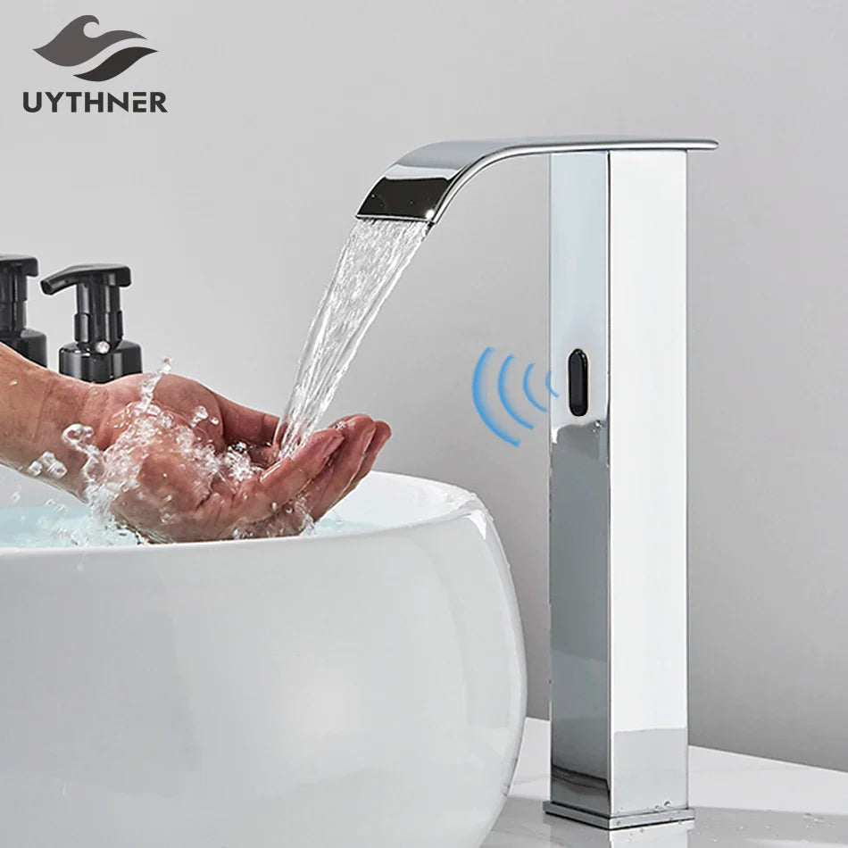 Afralia™ Smart Sensor Waterfall Faucet Hot Cold Mixer Tap - Luxury Touchless Bathroom Basin Crane