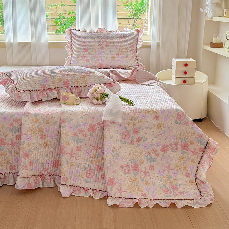 Afralia™ Princess Quilted Bed Cover: Korean Washed Cotton, Single, Lace Detail, Skin-Friendly Fabrics
