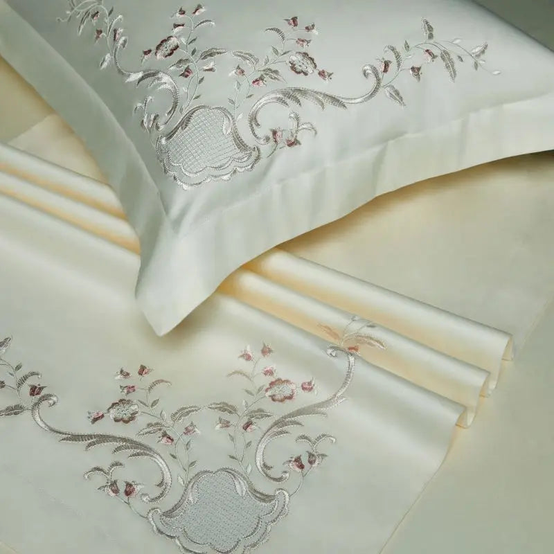 Afralia™ Elegant Flowers Embroidery 1000TC Egyptian Cotton Bedding Set Home Textiles