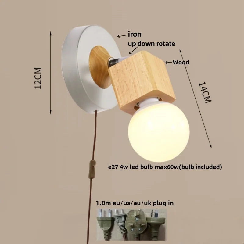 Afralia™ Nordic Wood Iron LED Wall Lamps - Up Down Rotate Hallway Bathroom Plug In