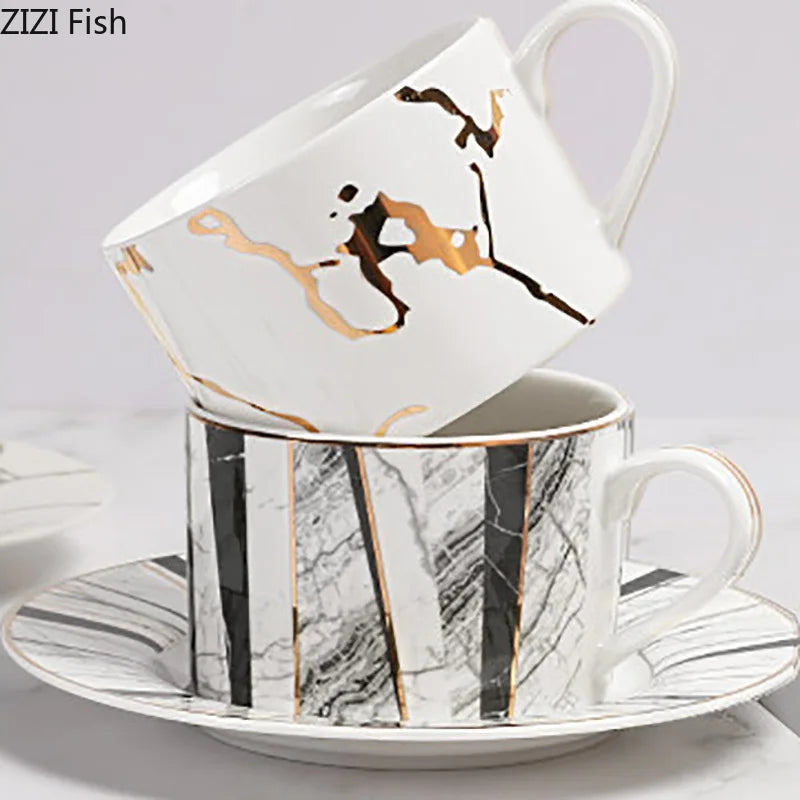 Afralia™ Gilded Marble Texture Ceramic Cup & Saucer Set for Dining Table Tea & Coffee