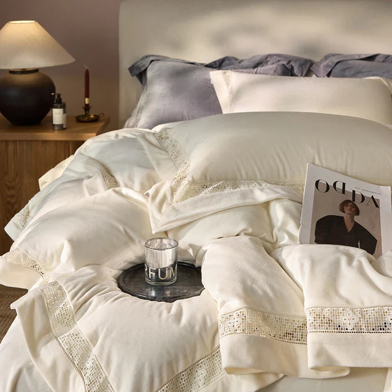 Luxury Gold Velvet Lace Duvet Bedding Set by Afralia™, Cozy Furry Winter Collection